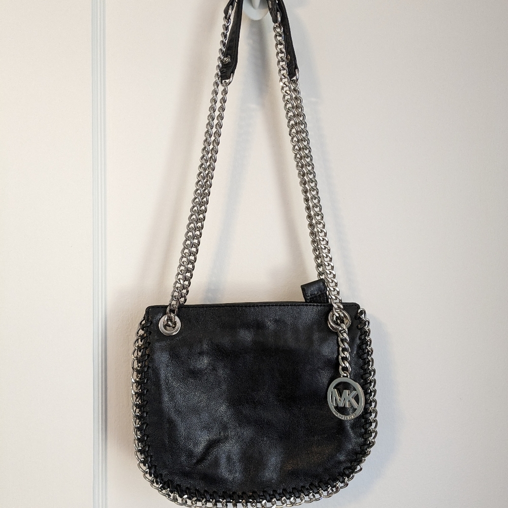 Michael Kors Black Leather Bag with Silver Chain Strap